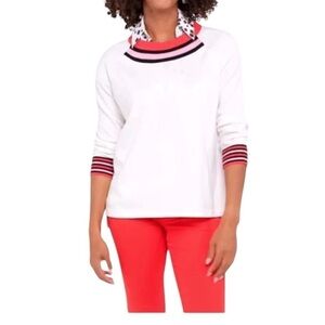 CAbi Sporty Academia Off White Striped Collar Pickle Ball Pull Over Sweater XL